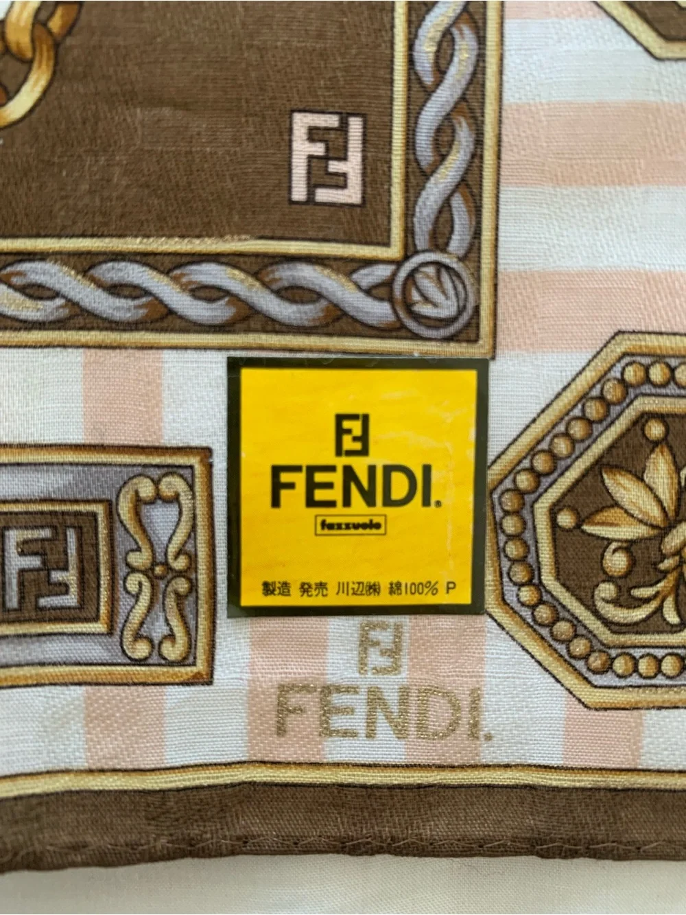 FENDI NWT 19” Square Handkerchief Scarf FF Logo Chain Coin Brown Pink Made Japan